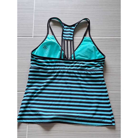 Title Nine Women's Size L Striped Turquoise  Black Tankini Swim Top Strappy Back - Picture 6 of 9